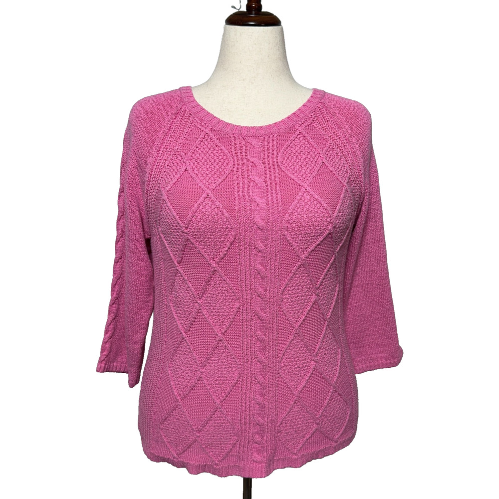 Talbots Sweater Womens XL Pink Fisherman Cable Knit Pullover 3/4 Sleeve Career